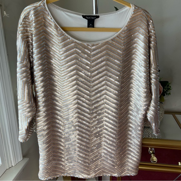 TOP: White House Black Market gold/silver/copper sequence 3 quarter sleeves l… - Picture 3 of 5